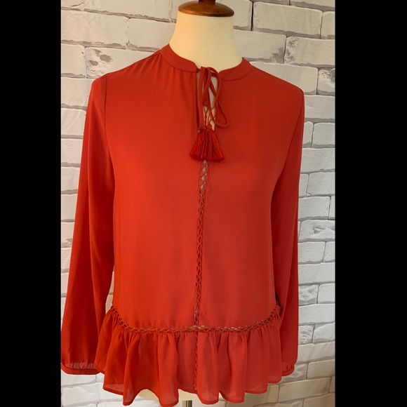 Coral Tassel Tie Ruffle Hem Blouse - Picture 1 of 1